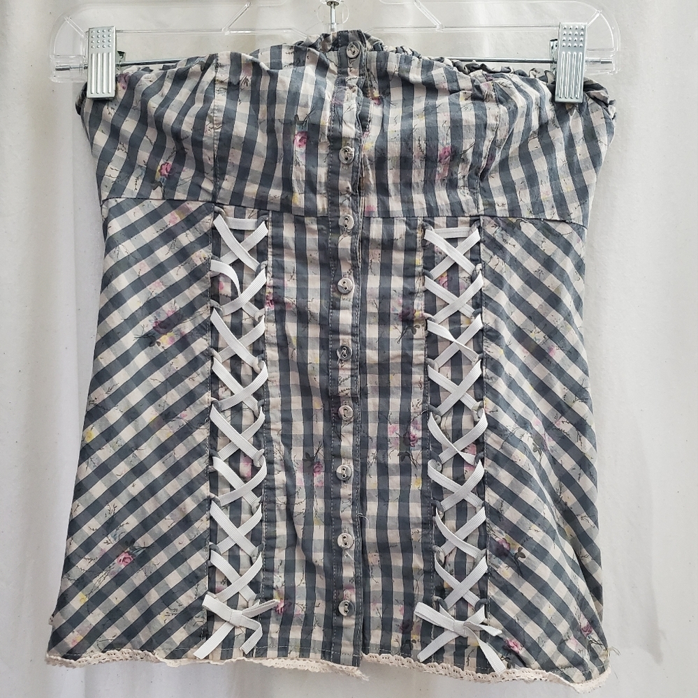 Med Guess Button up Strapless Corset Laced Top, Boned Blouse Floral Cottagecore